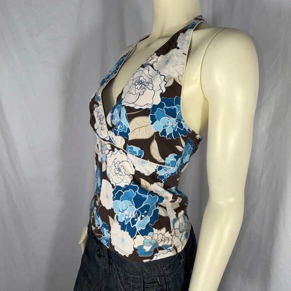 SO Y2K Brown Blue Floral Halter Top Women’s Size Large Retro 2000s Stretch Knit - Picture 1 of 12